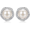 image:imageNONNYL Pearl Anniversary Birthday Gifts for Women Wife 925 Sterling Silver Freshwater Cultured Pearl Stud Earrings With CZ Dainty Flower Design Christmas Jewelry Gifts for Mom Her Wife Women