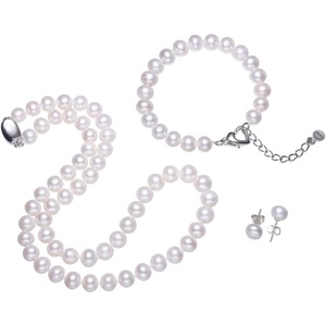 image:imageMothers Day Gifts Pearl Necklace Sterling Silver Plating 14K White Freshwater Cultured Pearl Strand  Pearl Choker Necklace  Jewelry for WomenPearl Set