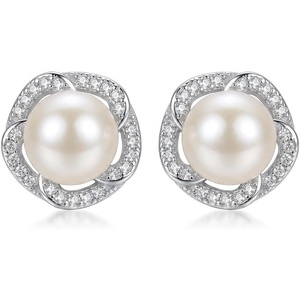 image:imageNONNYL Pearl Anniversary Birthday Gifts for Women Wife 925 Sterling Silver Freshwater Cultured Pearl Stud Earrings With CZ Dainty Flower Design Christmas Jewelry Gifts for Mom Her Wife Women