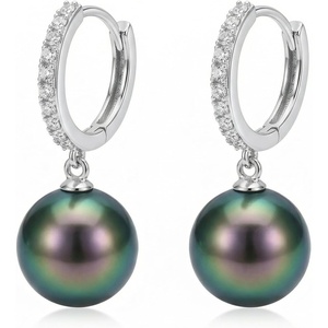 image:imageReal Black Pearl Earrings for Women with Genuine AAAA Quality Round Black Tahitian Cultured Pearls Earring with Drop Dangle Design 925 Sterling Silver Plated Platinum Gold Earrings  Nonnyl
