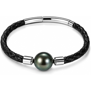 image:imageNONNYL Black Pearl Leather Bracelet with Sterling Silver Clasp Braided Leather Gifts for Husband Boyfriend Dad Couples