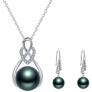 image:imageNONNYL Tahitian Cultured Black Pearl Pendant Necklace and Earrings Set for Womens Round Black Pearls Fine Jewelry Gifts for Women Wife Mom Girlfriend Mother