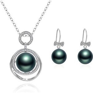 image:imageNONNYL Real Tahitian Cultured Black Pearl Pendant Necklace and Earrings Set for Womens Round Black Pearls Fine Jewelry Gifts for Women Wife Girlfriend Mother