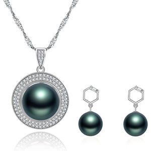 image:imageNONNYL Real Tahitian Cultured Black Pearl Pendant Necklace and Earrings Set for Womens Round Black Pearls Fine Jewelry Gifts for Women Wife Mom Girlfriend Mother